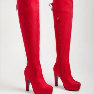 Nwt Torrid size 7.5 WW Red high Heel over the Knee Boots stretch platform